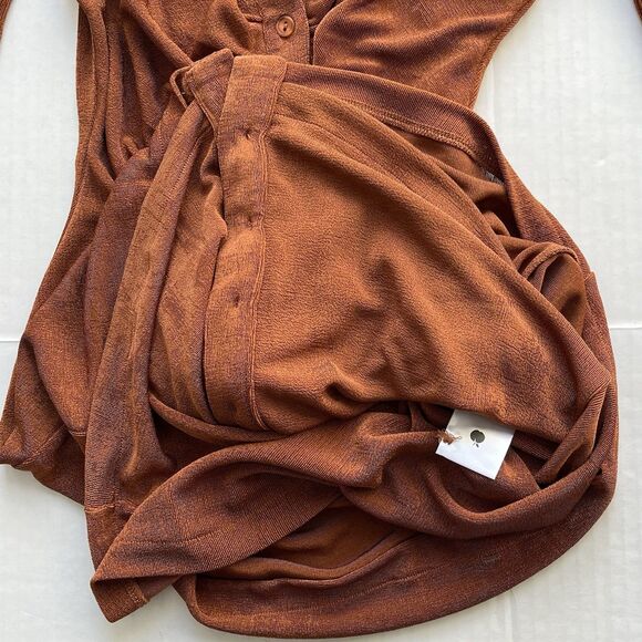 WITH JEAN KNIT ANDY MINI DRESS BUTTON FRONT LONG SLEEVE RUSCHING DETAIL BROWN XS - Picture 6 of 15